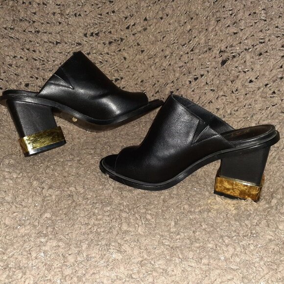 Kat Maconie Shoes - KAT MACONIE-JILLY-Black Leather Mules-Gold Heel-Peep-Toe-Sz 37-6.5 US-Excellent